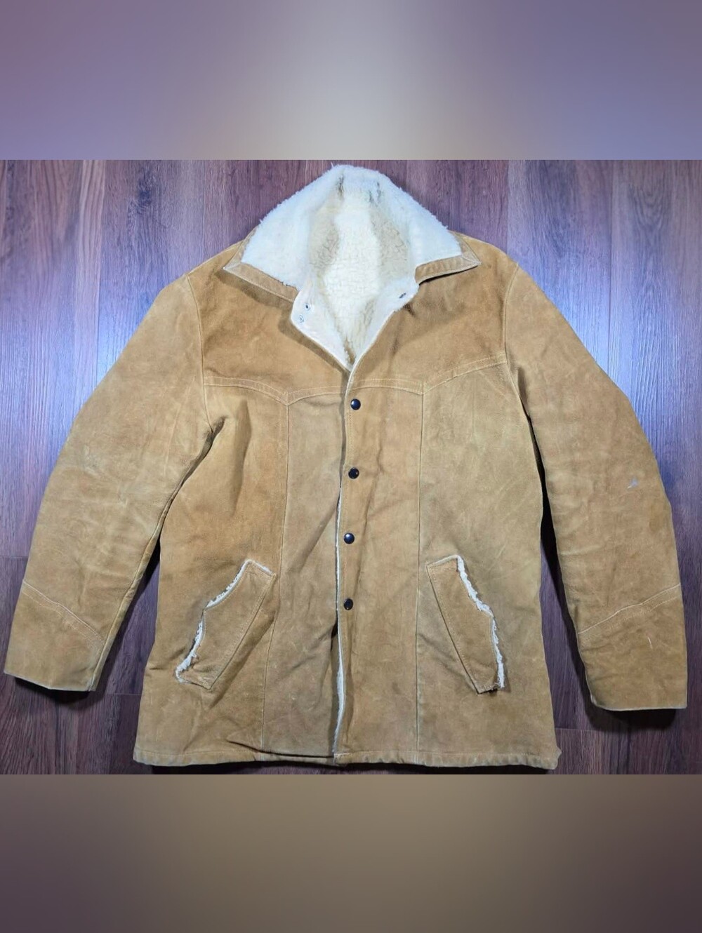 Vintage Genuine Suede Leather Sherpa Western Ranch Coat Tan Men’s 38 M Sears